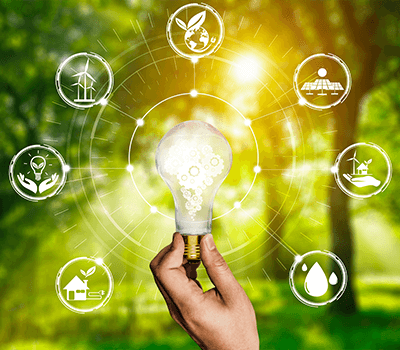 Green energy innovation light bulb with future industry of power generation icon graphic interface. Concept of sustainability development by alternative energy.